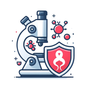 Illustration of a microscope, Treponema pallidum bacterium, and shield, symbolizing syphilis testing and prevention